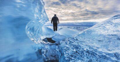 Man walking on a glacier