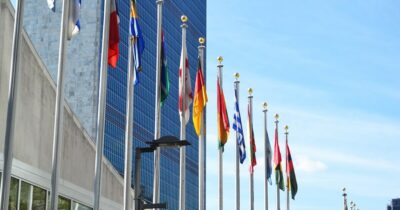 United Nations Building with flags