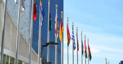 United Nations Building with flags
